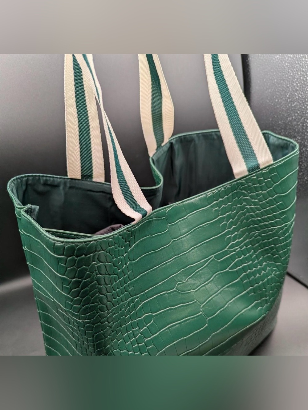 Saks Fifth Avenue Green Croc-Embossed Tote Bag with Striped Handles
